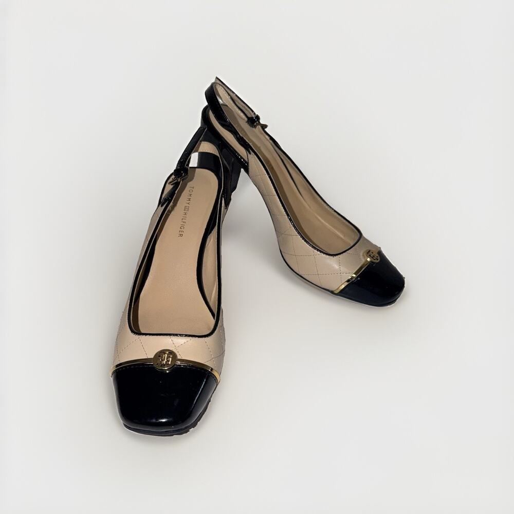 Tommy Hilfiger Quilted Slingback Pumps 7M Beige Black Patent Cap Toe JB2